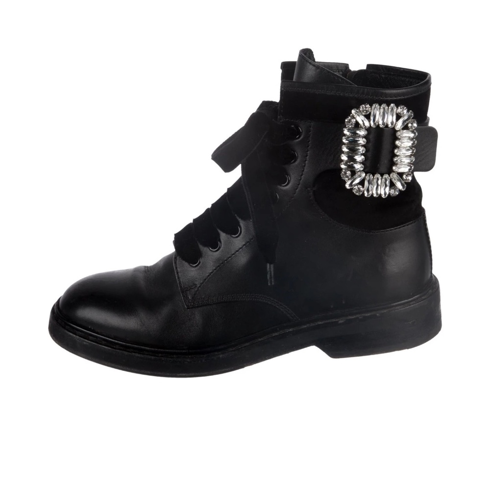 REDUCED ROGER VIVIER Black Leather Crystal Embellishments Combat Boots 37.5  7.5